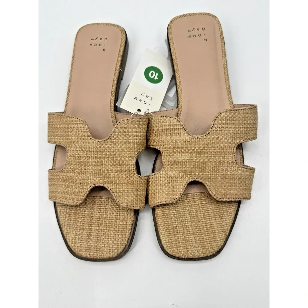 A New Day Raffia Slide Sandals Designer Flats 10 Beige Nina Beach Coastal Resort